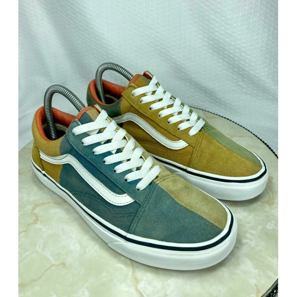 Vans Multi Color Block Skater Shoes Women 8.5 Green Tan Patchwork Retro Sneakers